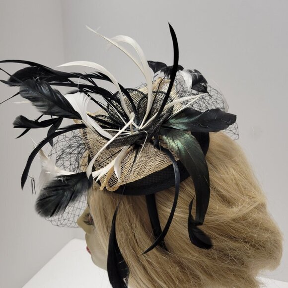 Black Headband Feathers Fascinator with Black netting on Headband - Picture 2 of 15